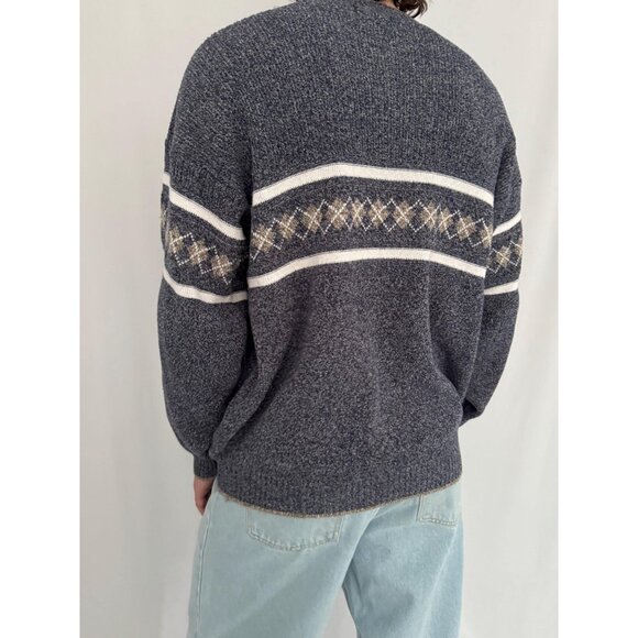 90s vintage mens blue grey grandpa argyle print casual long sleeved knit sweater - Picture 4 of 10